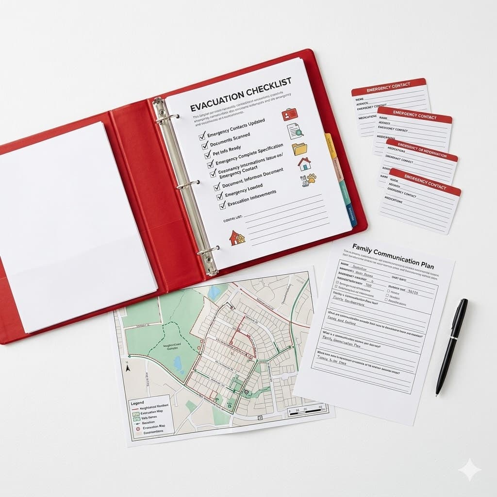 Complete emergency binder kit with printed pages, emergency cards, and checklist
