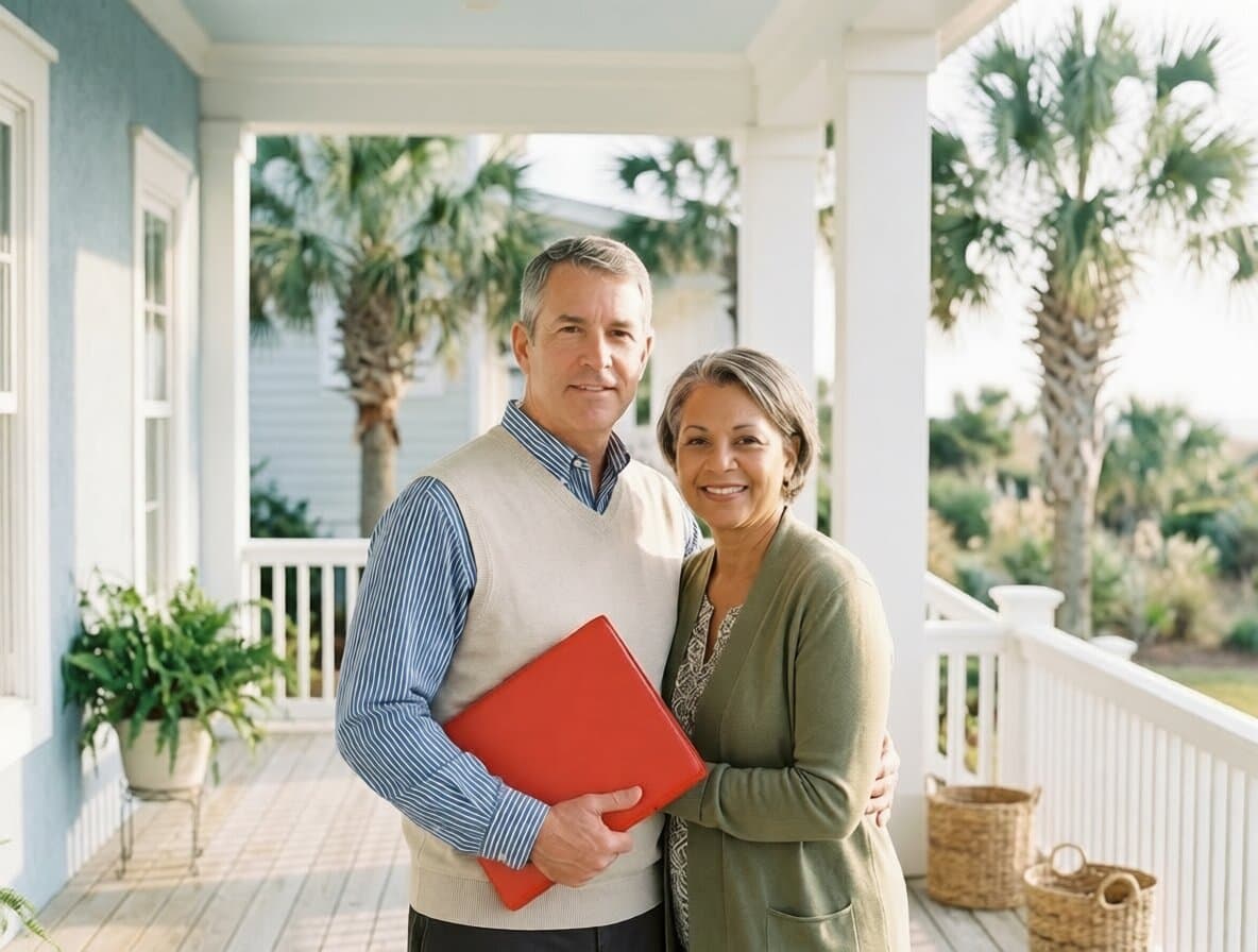 Couple on coastal home porch holding emergency folder