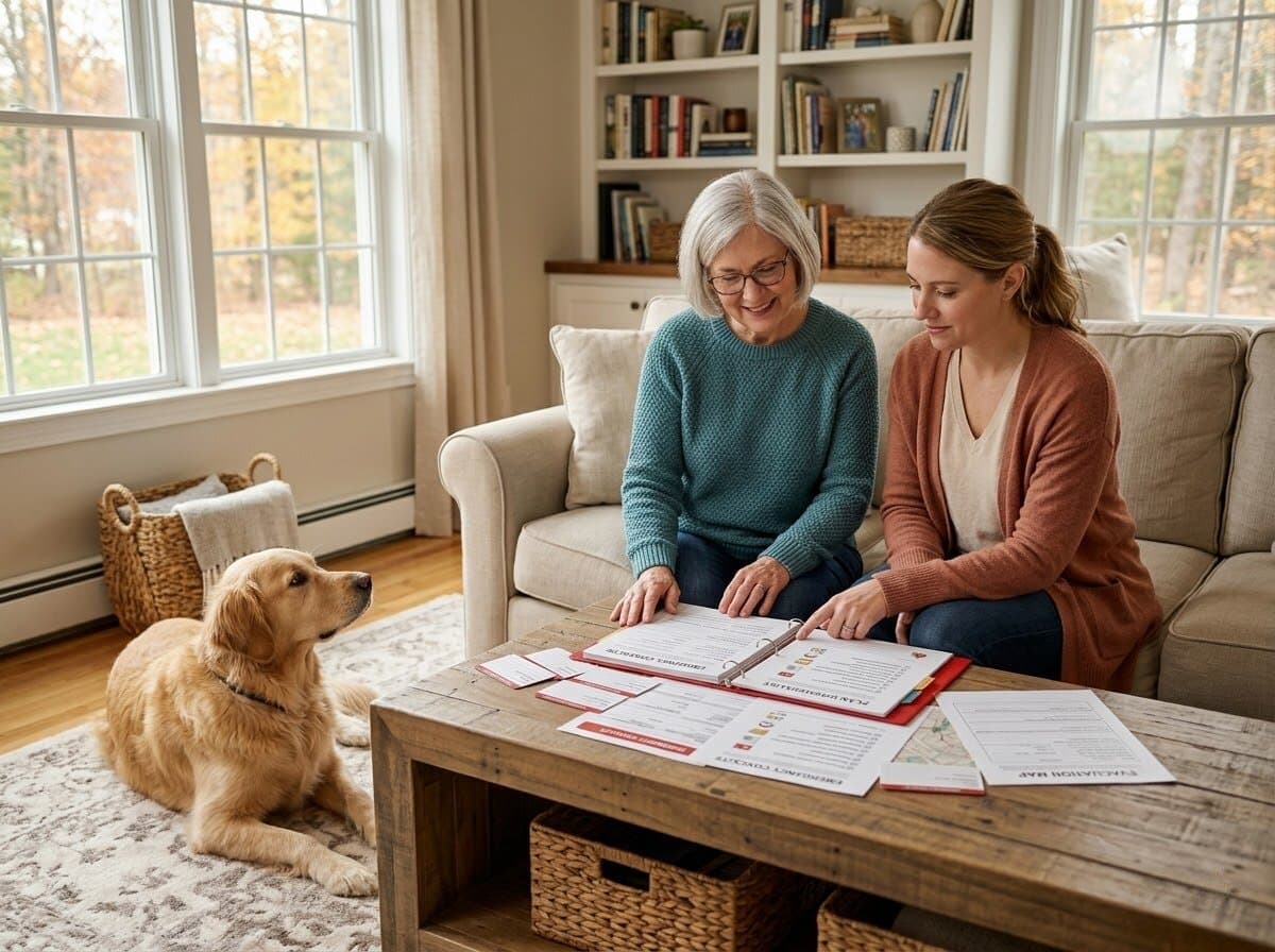 Mother and daughter reviewing emergency documents on couch