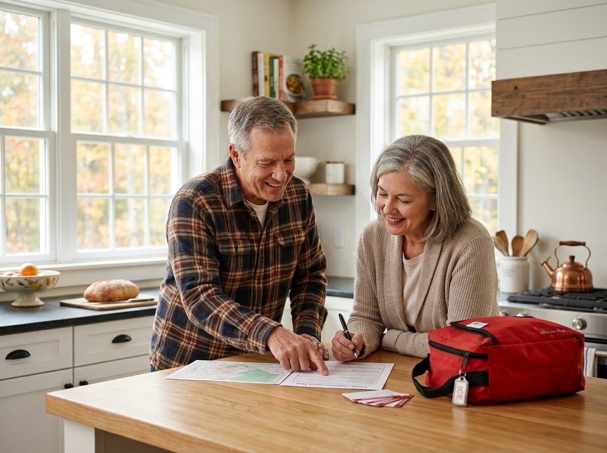 Retired couple reviewing checklist at kitchen island