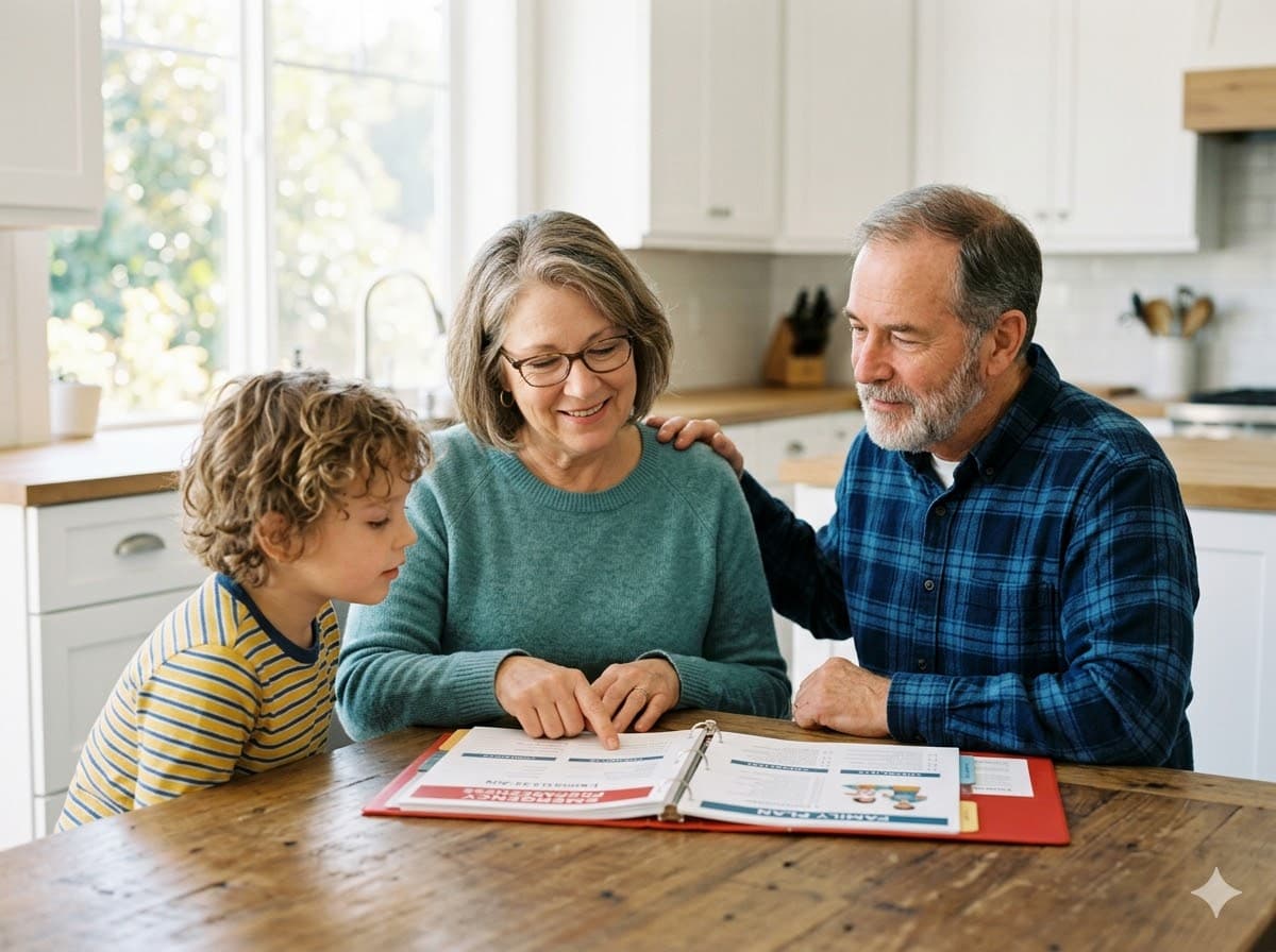 Grandmother reviewing emergency binder with family at kitchen table